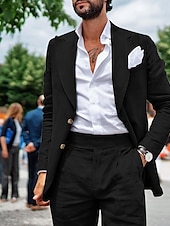 cheap Party Suits-Men&#039;s Wedding Summer Linen Suits Black Sky Blue Solid Colored Tailored Fit 2 Piece Single Breasted Two-buttons