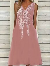 abordables Ensembles de robes-Robe casual Femme Ensemble Robe Deux Pièces Extérieur du quotidien Mode Elégant Brodée Poche Robe mi-longue Col V Manches 3/4 Floral Standard Rose Claire Eté Printemps S M L XL XXL