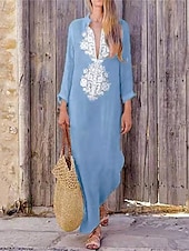 economico disegnare abiti in cotone e lino-Per donna Abito casual Vestito maxi Stampa Essenziale Informale Giornaliero Da mare A V Manica lunga Estate Primavera Autunno Giallo Azzurro cielo Fiore decorativo
