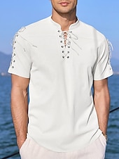 baratos Férias-Homens Camisa Social camisa de linho Camisa casual camisa de praia Tecido Férias Havaiana Preto Branco Azul Marron Manga Curta Colarinho Chinês Primavera Verão Roupa Básico