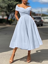 baratos Vestidos de Cocktail-Casamento na Praia Vestidos de Coquetel em A Linha Vestido Vintage Convidada de Casamento Comprimento Chá Sem Mangas Ombro à Mostra Tule com Pregas Vestidos Derby 2025
