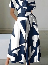 tanie Sukienki koszulowe-damska sukienka koszulowa sukienka na co dzień długa sukienka na zewnątrz codzienne wakacje moda elegancka koszula kołnierzyk kieszeń na guziki krótki rękaw lato wiosna 2023 luźny krój czarno-biały