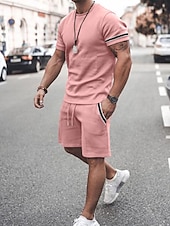 cheap Men&#039;s Tee Sets-Men&#039;s Tee &amp; Drawstring Waist Shorts 2 Pieces Outfits Short Sleeves Crewneck Summer Striped Fashion Sport Casual 2 Piece Striped Trim Vacation Daily Wear Activewear Black Pink Khaki Top Tee for Men
