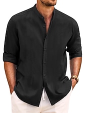 economico Classico-Per uomo Camicia Camicia con colletto a fascia Camicia estiva Abbigliamento mare Maglietta informale Camicia con bottoni Liscio Da mare Informale Nero Bianco Rosa Verde Manica lunga A fascia