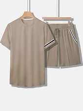 cheap Men&#039;s Tee Sets-Men&#039;s Tee &amp; Drawstring Waist Shorts 2 Pieces Outfits Short Sleeves Crewneck Summer Striped Fashion Sport Casual 2 Piece Striped Trim Vacation Daily Wear Activewear Black Pink Khaki Top Tee for Men