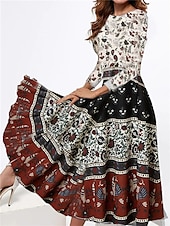 economico Abito Boho-Per donna Abito Midi Vestito Casual Abito Invernale Abito Etnico Vestito a ruota Vintage Etnico Tribale Formale All&#039;aperto Vacanza Vestibilità regolare Floreale Tribale Manica Lunga Girocollo Bianco