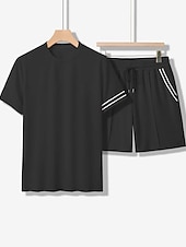 cheap Men&#039;s Tee Sets-Men&#039;s Tee &amp; Drawstring Waist Shorts 2 Pieces Outfits Short Sleeves Crewneck Summer Striped Fashion Sport Casual 2 Piece Striped Trim Vacation Daily Wear Activewear Black Pink Khaki Top Tee for Men