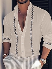 preiswerte Straße-Herren Hemd Hemd aus Baumwollleinen Weißes Baumwollhemd Hemd mit chinesischem Kragen Hemd mit Stehkragen Sommerhemd Farbblock Urlaub Casual Schwarz Weiß Rosa Blau Langarm Stehkragen Frühling Sommer