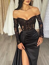 economico NERO-Abito da Sera Sirena Nero Vestito Trasparente Abito Formale per Ospite di Matrimonio Lungo Maniche Lunghe Off Shoulder Matrimonio in Autunno Ricevimento Seta con Applicazioni Abito Masquerade 2025
