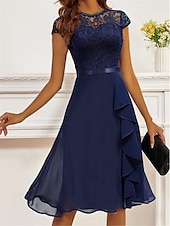 cheap Cocktail Dress-Women&#039;s Party Dress Lace Dress Cocktail Dress Midi Dress Dark Blue Short Sleeve Pure Color Lace Summer Spring Fall Crew Neck Fashion Wedding Guest Vacation Summer Dress S M L XL 2XL