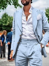 cheap Party Suits-Men&#039;s Wedding Summer Linen Suits Black Sky Blue Solid Colored Tailored Fit 2 Piece Single Breasted Two-buttons