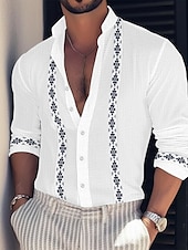 preiswerte Straße-Herren Hemd Hemd aus Baumwollleinen Weißes Baumwollhemd Hemd mit chinesischem Kragen Hemd mit Stehkragen Sommerhemd Farbblock Urlaub Casual Schwarz Weiß Rosa Blau Langarm Stehkragen Frühling Sommer