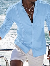economico Vacanza-Per uomo Camicia camicia di lino Camicia in lino e cotone Camicia estiva Camicia da spiaggia Camicia con bottoni Liscio Informale Giornaliero Nero Bianco Blu marino Blu Manica lunga Collo ripiegabile