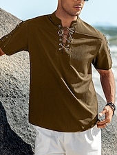 baratos Férias-Homens Camisa Social camisa de linho Camisa casual camisa de praia Tecido Férias Havaiana Preto Branco Azul Marron Manga Curta Colarinho Chinês Primavera Verão Roupa Básico