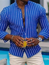cheap Men&#039;s Button Up Shirts-Men&#039;s Shirt Summer Shirt Beach Wear Button Up Shirt Casual Shirt Hot Pink Blue Green Long Sleeve Stripes Button Down Collar Daily Vacation Clothing Apparel Fashion Casual Comfortable