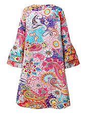 levne Boho šaty-dámské mini šaty příležitostné šaty poloformální šaty drobné šaty sundress Bohemia volány rukáv dovolená každodenní koktejlová party regular fit květinový paisley 3/4 délky rukáv v-krk červená modrá