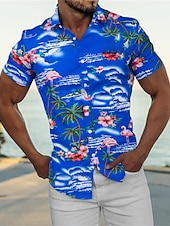 cheap Men&#039;s Casual Shirts-Men&#039;s Shirt Summer Shirt Casual Shirt Beach Shirt Summer Hawaiian Shirt Button Up Shirt Navy Blue Blue Green Short Sleeve Coconut Tree Flamingos Turndown Street Daily Print Clothing Apparel Polyester
