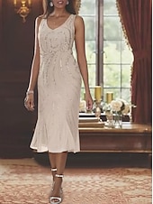 voordelige Met Jas-Strand Bruiloft Twee Delige Zeemeermin Moeder van de Bruid Jurk Formele Bruiloft Gast Elegante Luxe V Hals Thee Lengte Chiffon Mouwloos Wikkel Inclusief met Beading Pailletten 2025 gratis op maat