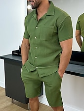 economico camicie casual da uomo-Per uomo 2 pezzi Completo di camicia Camicia estiva Camicia con bottoni Maglietta informale Camicia da spiaggia Nero Bianco Verde Verde militare Manica corta Liscio Collare da campo Giornaliero Da