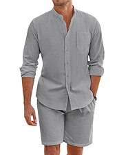 preiswerte Freizeithemden für Herren-Herren Hemd mit chinesischem Kragen Hemd mit Stehkragen Zweiteilig Hemd Set Sommerhemd Freizeithemd Rosa Blau Grün Beige Grau Langarm Einfach Großvaterkragen Stehkragen Urlaub Täglich Fronttasche