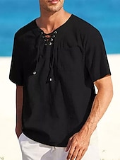 cheap Vacation-Men&#039;s Shirt Linen Shirt Cotton Linen Shirt Summer Shirt Beach Shirt Plain Vacation Casual Black White Pink Blue Short Sleeve V Neck Summer Clothing Apparel Drawstring