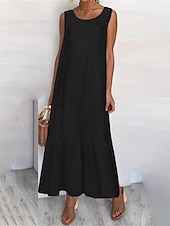 cheap Design Cotton &amp; Linen Dresses-Women&#039;s Black White Navy Blue Summer Maxi long Dress Maxi Dress Linen-Inspired Dresses Tank Dress Tiered Dress Solid Basic Casual Vacation Regular Fit Crew Neck