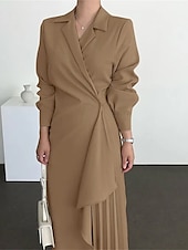 olcso Munkaruhák-Női hétköznapi ruha Maxi hosszú ruha Pliszé Napi Elegáns Divat Állógallér Hosszú ujj Fekete Barna Sárgabarack Szín