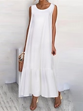 cheap Design Cotton &amp; Linen Dresses-Women&#039;s Black White Navy Blue Summer Maxi long Dress Maxi Dress Linen-Inspired Dresses Tank Dress Tiered Dress Solid Basic Casual Vacation Regular Fit Crew Neck
