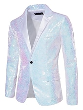 preiswerte Herrenblazer-Herren Blazer Sakko Leistung Party / Cocktail Für den Ballsaal Vintage 1980er Sommer Frühling Polyester Pailletten Feste Farbe Einreiher - 1 Knopf Blazer Silber Weiß Dunkelmarine Grün