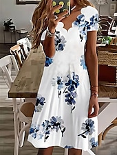abordables Robe Fleurie-Robe Mini Femme Robe Décontractée Robe Petite Robe d&#039;Été Robe Boule Vacances Décontractée Extérieur Vacances Quotidiennes Ajustement Normal Imprimé Floral Manches Courtes Col en Cœur Blanc Bleu
