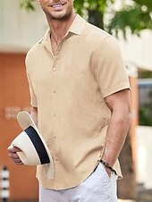 cheap Vacation-Men&#039;s Shirt Linen Shirt Guayabera Shirt Summer Shirt Beach Shirt Button Up Shirt Plain Vacation Casual White Blue Khaki Gray Short Sleeve Lapel Summer Clothing Apparel Patchwork