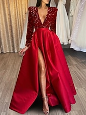 abordables NOIR-Robe de soirée en A robe scintillante et brillante invitée formelle au mariage traîne courte demi-manches décolleté en V satin avec fente à sequins robe de masque 2025