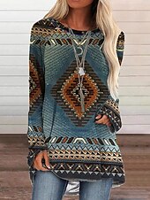 ieftine topuri tunică-Pentru femei Tricou Tunică Marron Galben Verde Deschis Geometric Plisat Imprimeu Manșon Lung Casual Tunici Epocă Έθνικ Rotund Lung Tema boem Geometric ă Mărime Plus S