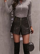 cheap Shorts-Women&#039;s Leather Pants Shorts Fashion Streetwear Short Mid Waist Plain Pocket Elastic Waist Comfy Breathability Soft Micro-elastic Vacation Party Street Black Summer Fall