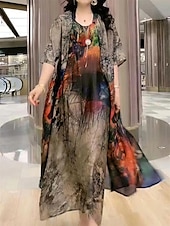tanie Zestawy sukienkowe-Damskie Zestaw sukienek Codzienne sukienki Sukienka rozkloszowana Sukienka z nadrukiem Moda Codzienny Kwiaty Nadruk Nadruk Sukienka midi Rękaw 1/2 Półgolf Urlop Codzienny Czerwony Niebieski