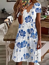 abordables Robe Fleurie-Robe Mini Femme Robe Décontractée Robe Petite Robe d&#039;Été Robe Boule Vacances Décontractée Extérieur Vacances Quotidiennes Ajustement Normal Imprimé Floral Manches Courtes Col en Cœur Blanc Bleu