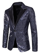 preiswerte Herrenblazer-Herren Blazer Sakko Leistung Party / Cocktail Für den Ballsaal Vintage 1980er Sommer Frühling Polyester Pailletten Feste Farbe Einreiher - 1 Knopf Blazer Silber Weiß Dunkelmarine Grün