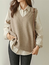 abordables Couleurs unies-Femme Pull Gilet mode Décontractées Flexible Couleur unie Maillard A côtes Col V énorme Sans Manches Tricoter du quotidien Sortie Fin de semaine Noir Bleu Roi Eté Automne
