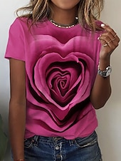 economico T-shirt floreale-Maglietta a Rosa per Donne di San Valentino Maglie Base a Maniche Corte Collo Rotondo Stampa Regolare Adatta Fine Settimana Rosa Blu Viola Verde