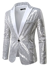 preiswerte Herrenblazer-Herren Blazer Sakko Leistung Party / Cocktail Für den Ballsaal Vintage 1980er Sommer Frühling Polyester Pailletten Feste Farbe Einreiher - 1 Knopf Blazer Silber Weiß Dunkelmarine Grün