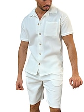 economico camicie casual da uomo-Per uomo 2 pezzi Completo di camicia Camicia estiva Camicia con bottoni Maglietta informale Camicia da spiaggia Nero Bianco Verde Verde militare Manica corta Liscio Collare da campo Giornaliero Da