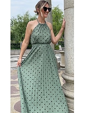 abordables Robes de vacances-robe décontractée pour femme robe swing robe à pois robe longue robe maxi robe en mousseline plissée vert noir bleu sans manches imprimé printemps été licou vacances plage tous les jours 2023 s m l xl