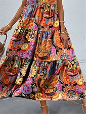 halpa Boho-mekot-Naisten Maksimekko Kellomekko Toppimekko Kesämekko Boho-mekko Muoti Katutyyli Viidakko ulko- Loma Katu Loose Fit Kukka Paisley-kuvio Hihaton V kaula-aukko Oranssi Kesä Kevät