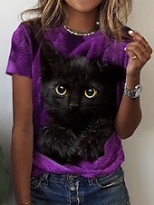 cheap Animals tee-Women&#039;s T Shirt Basic Cat Print Short Sleeve Regular Tops Round Neck Daily Weekend Red Blue Purple Green Gray