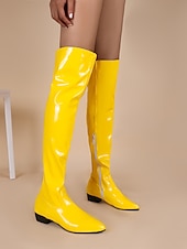 ieftine Cizme de modă-cizme gogo de damă, din piele lăcuită, neagră, peste genunchi, cu toc mic și fermoar lateral – încălțăminte elegantă și elegantă pentru petreceri, evenimente de modă și ieșiri de noapte