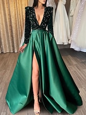 abordables NOIR-Robe de soirée en A robe scintillante et brillante invitée formelle au mariage traîne courte demi-manches décolleté en V satin avec fente à sequins robe de masque 2025