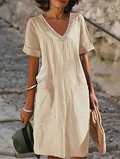 cheap Design Cotton &amp; Linen Dresses-Women&#039;s Black White Pink Summer Spring Midi Dress Linen-Inspired Dresses White Dress Casual Dress Classic Modern Casual Outdoor Vacation Daily Loose Fit Plain V Neck
