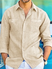 economico Vacanza-Per uomo Camicia camicia di lino Camicia in lino e cotone Camicia estiva Camicia da spiaggia Camicia con bottoni Liscio Informale Giornaliero Nero Bianco Blu Cachi Manica lunga Collo ripiegabile