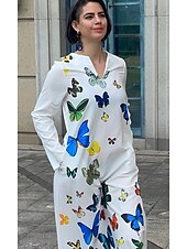 cheap Art&amp;Design Dress-Women&#039;s Maxi Dress  Shift Dress Swing Dress Long Dress Green Blue Grey White Black Long Sleeve Feather Butterfly Pocket Print Summer Spring V Neck Stylish Casual Dress 2023 S M L XL XXL XXXL 4XL 5XL