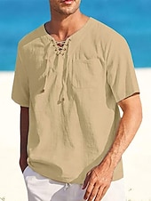 cheap Vacation-Men&#039;s Shirt Linen Shirt Cotton Linen Shirt Summer Shirt Beach Shirt Plain Vacation Casual Black White Pink Blue Short Sleeve V Neck Summer Clothing Apparel Drawstring